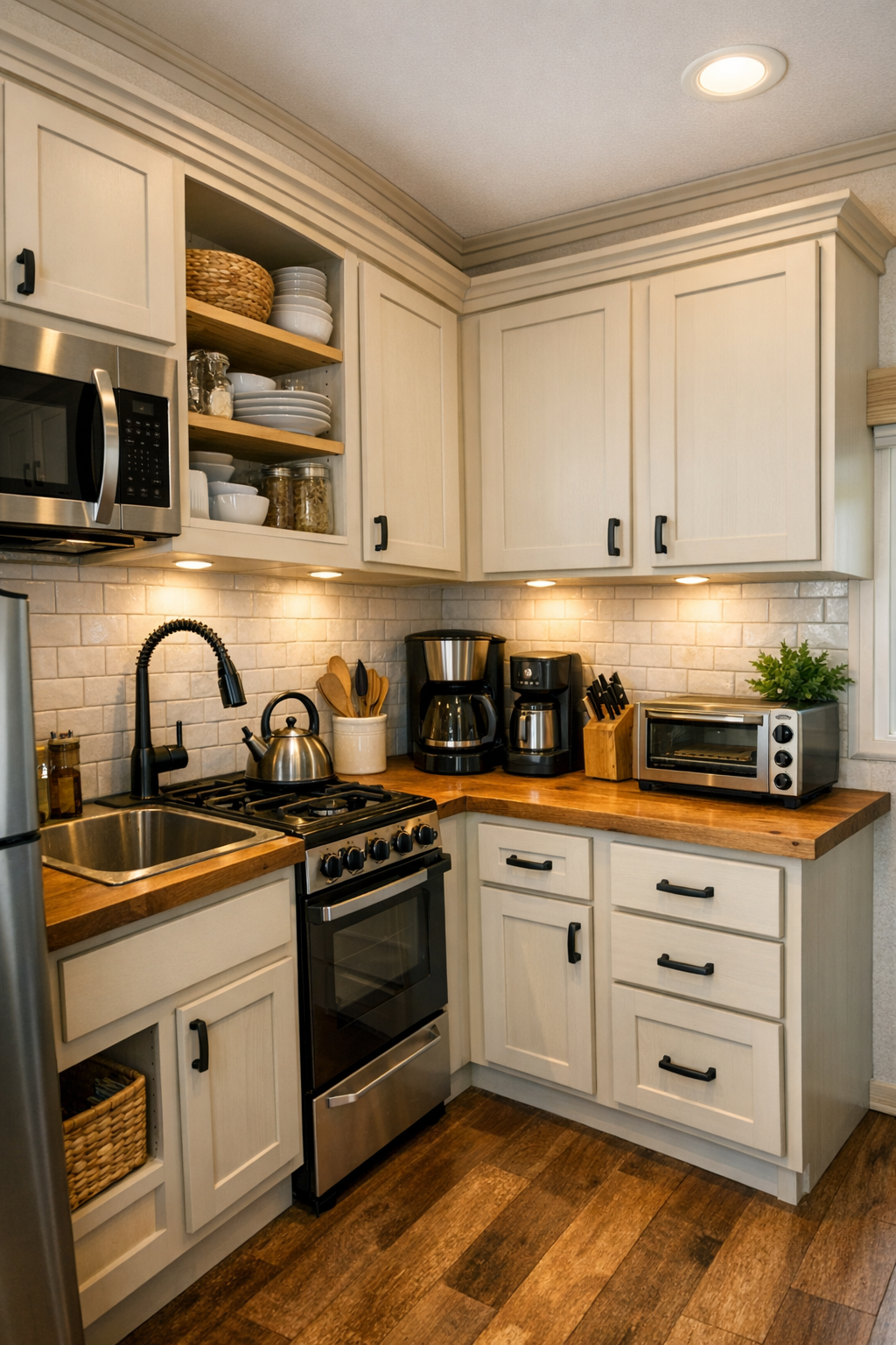 Small craftsman kitchen with light cabinetry, warm counters, and bright task lighting
