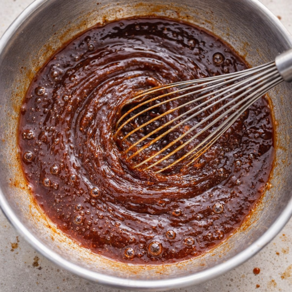 Barbecue sauce and cola being whisked together in a bowl