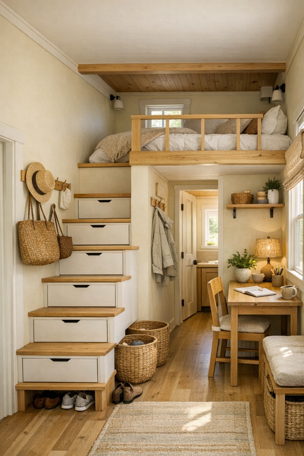 Thoughtful tiny home loft and entry area with built-in storage, wood stairs, hooks, and warm handcrafted details