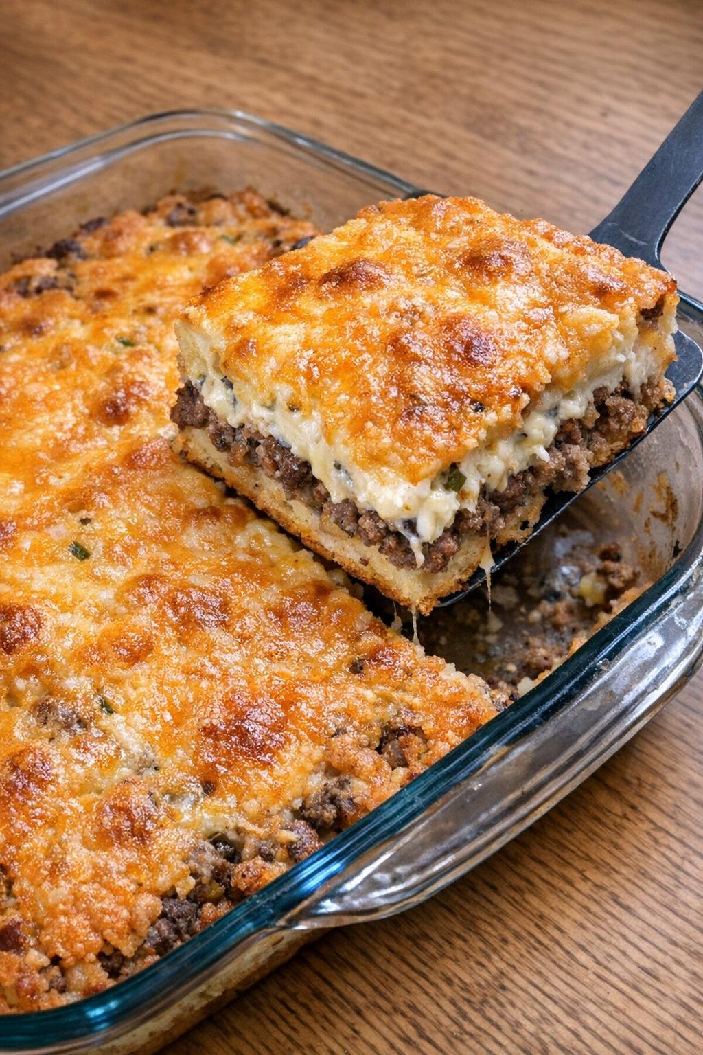 Baked John Wayne casserole with one square lifted