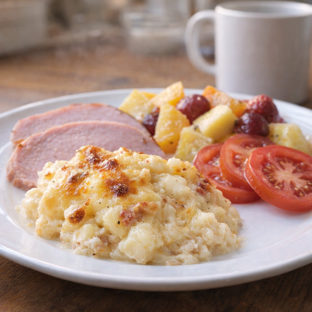Brunch plate with cheesy potatoes and fresh sides