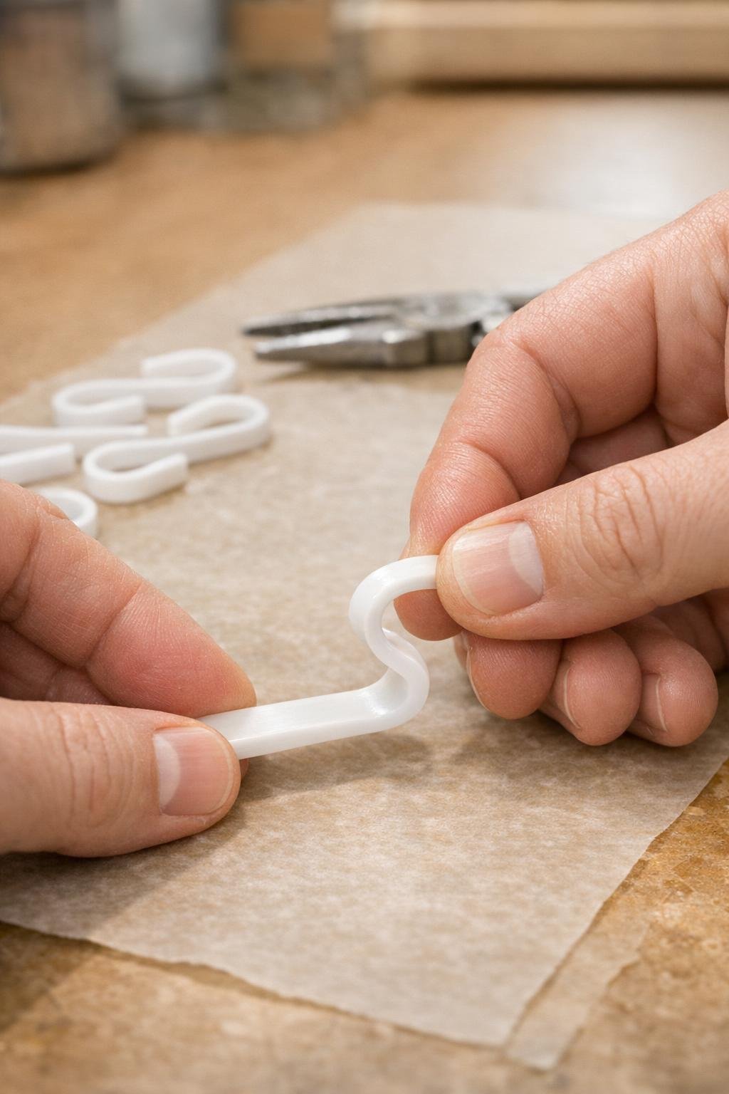 Softened hanger plastic being bent into clip shapes