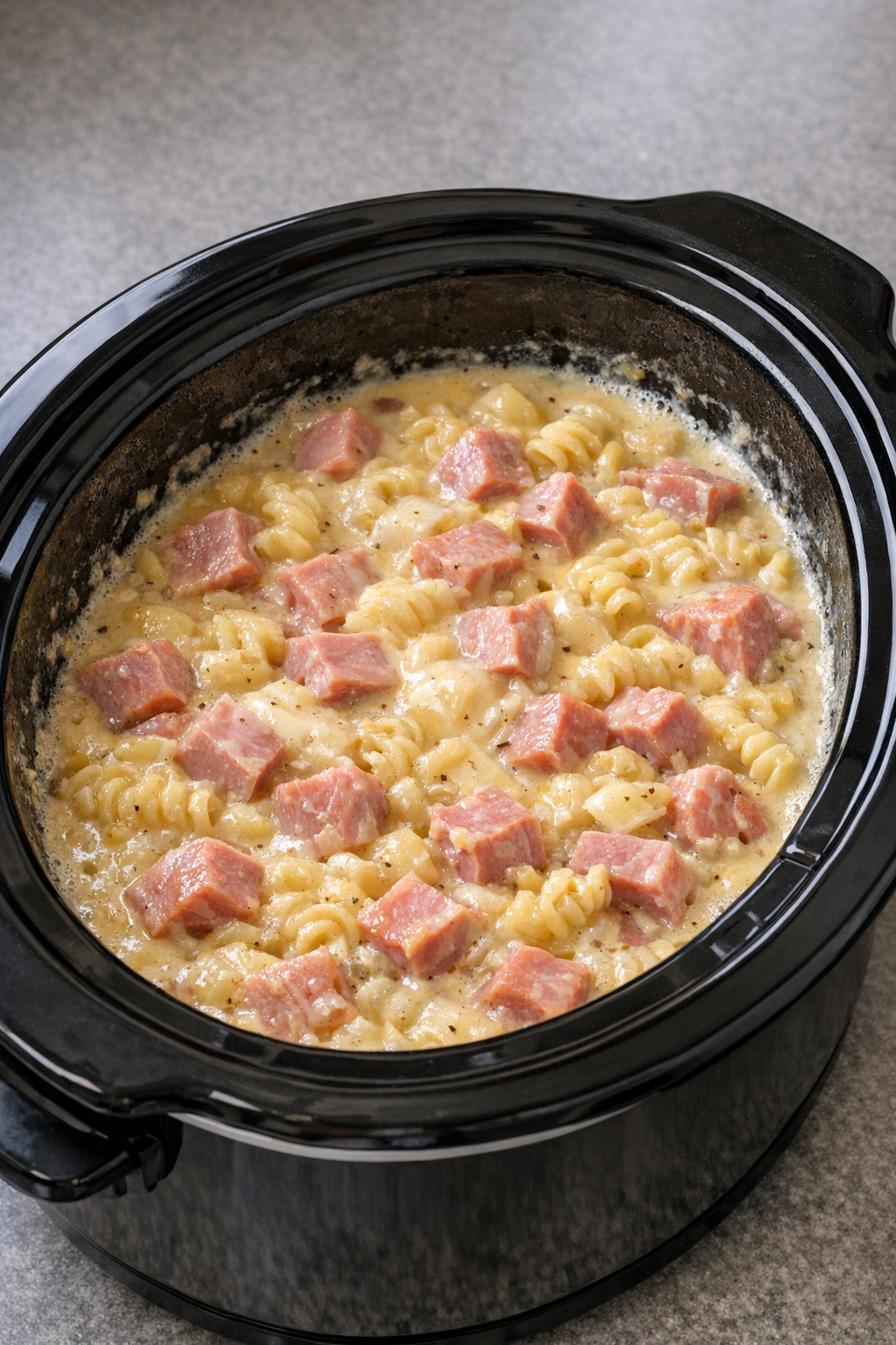 Creamy ham mixture hot and bubbling in the slow cooker