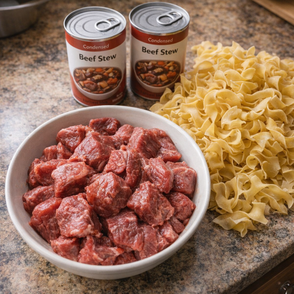 Ingredients for beef stew noodles arranged on a kitchen counter