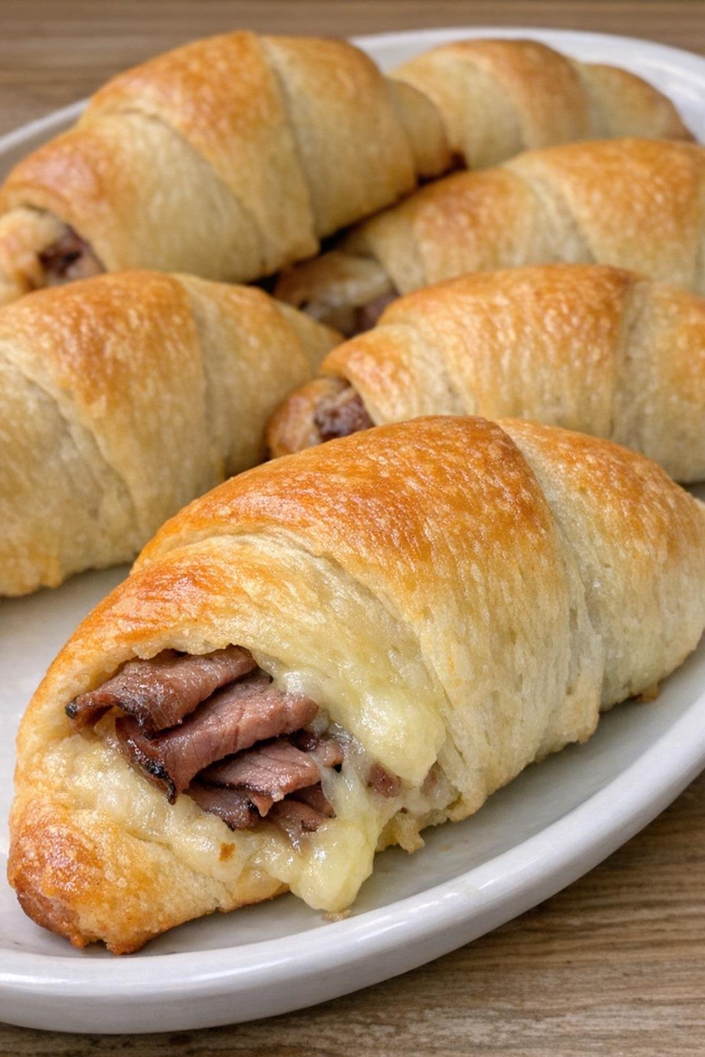 Golden brown crescent rolls filled with roast beef and Comté cheese on a white platter