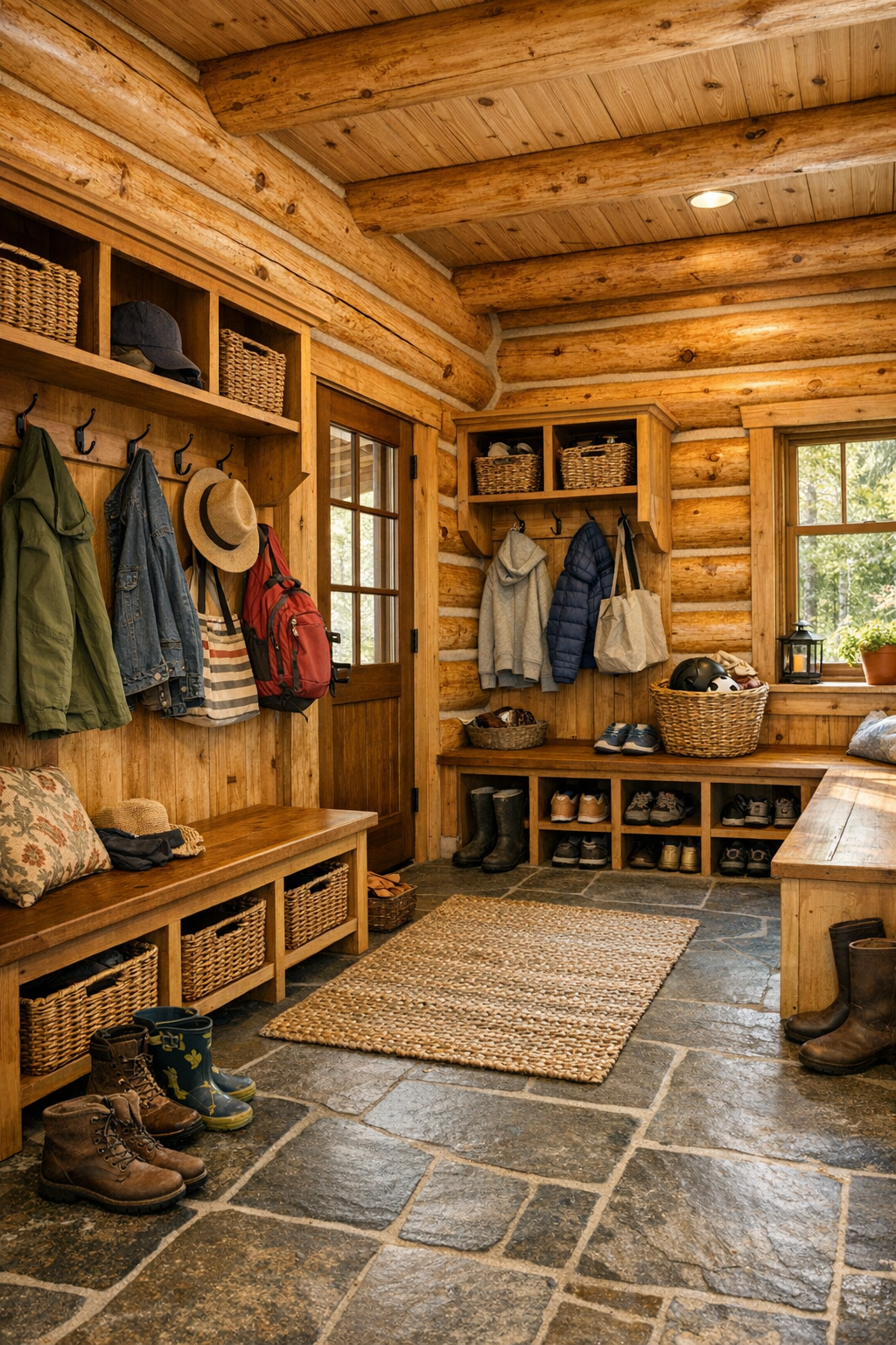Mudroom with built-in bench, wood cubbies, and practical handcrafted storage