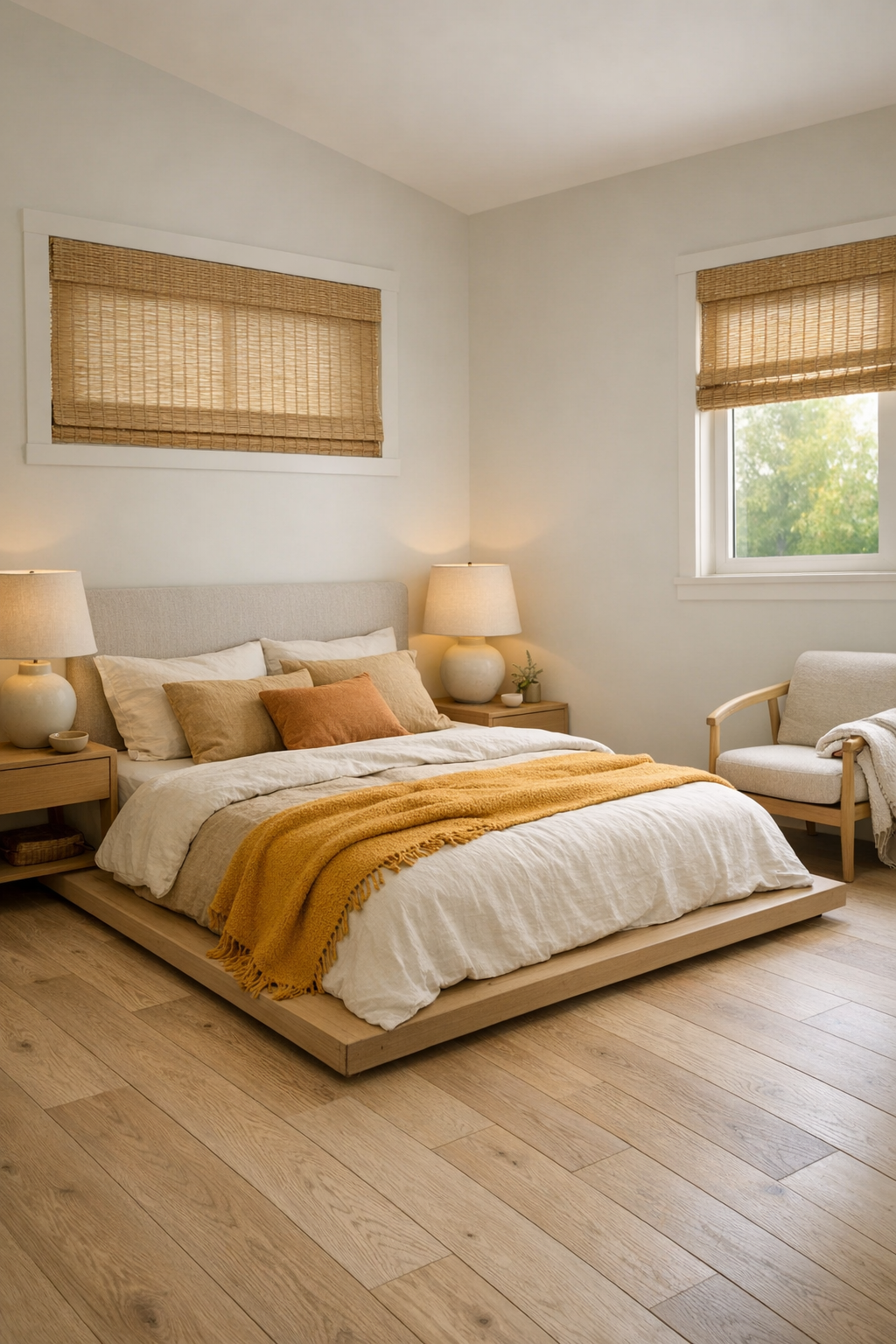Calm tiny home bedroom with low bed, layered neutral bedding, and soft morning light