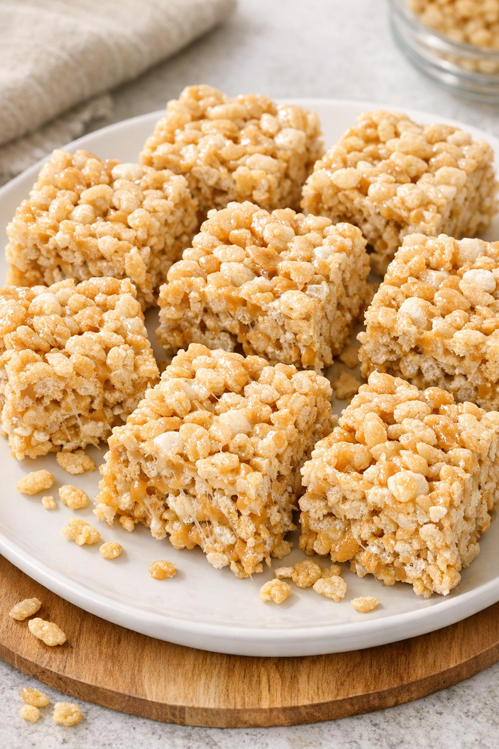 Finished marshmallow peanut butter cereal treats on a platter