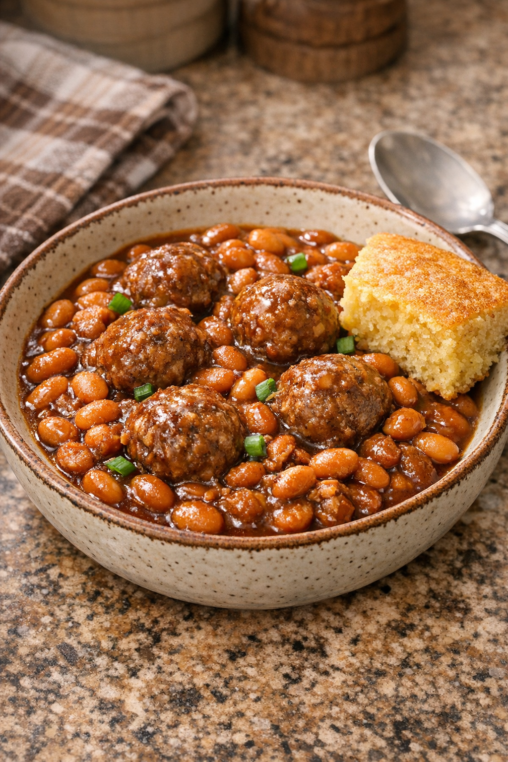 Final plated bowl of campfire beans with meatballs and cornbread on the side