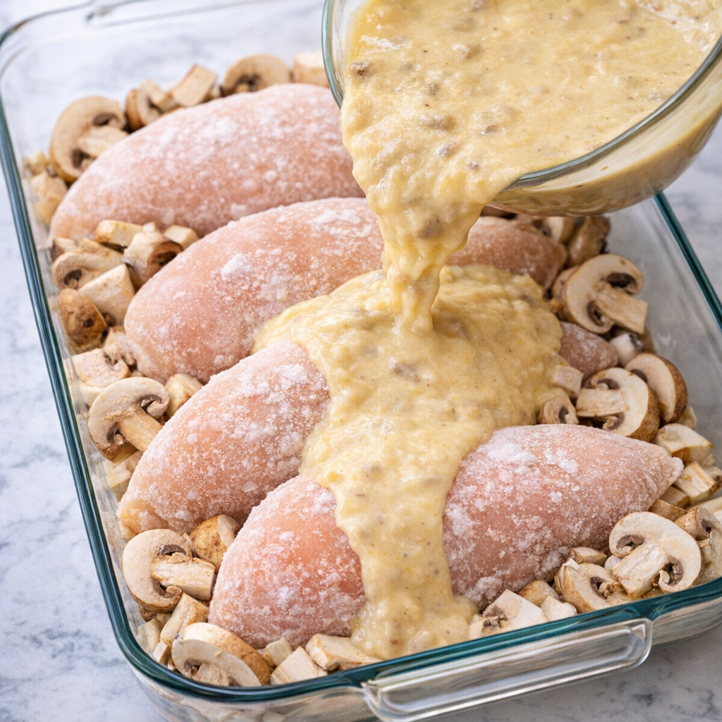 Creamy sauce being poured over chicken and mushrooms
