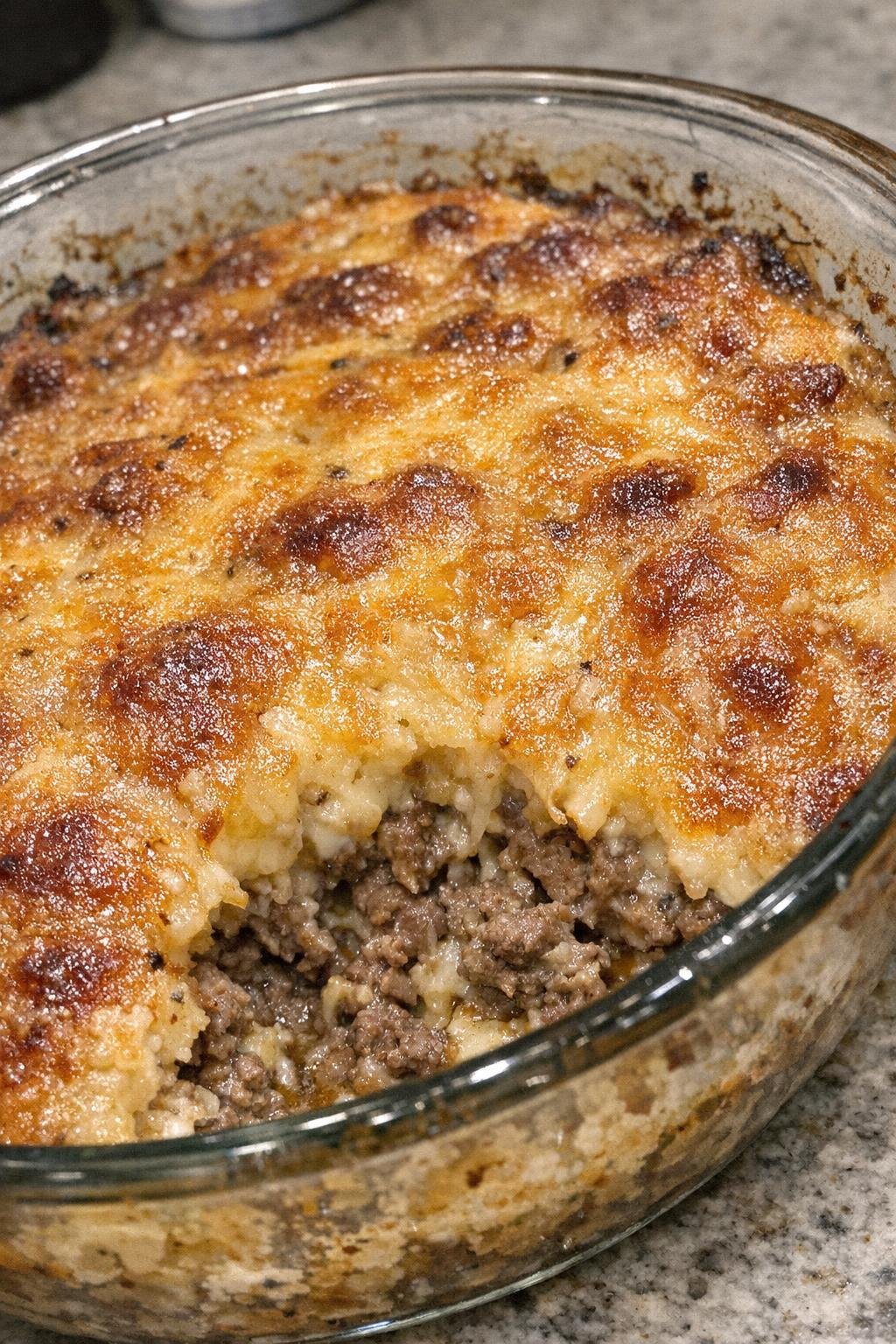 Vintage hamburger pie with a caramelized golden crust in a glass casserole dish