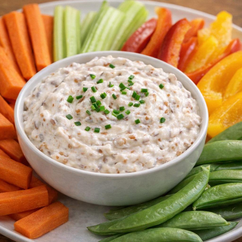 French onion dip topped with chives and served with vegetables