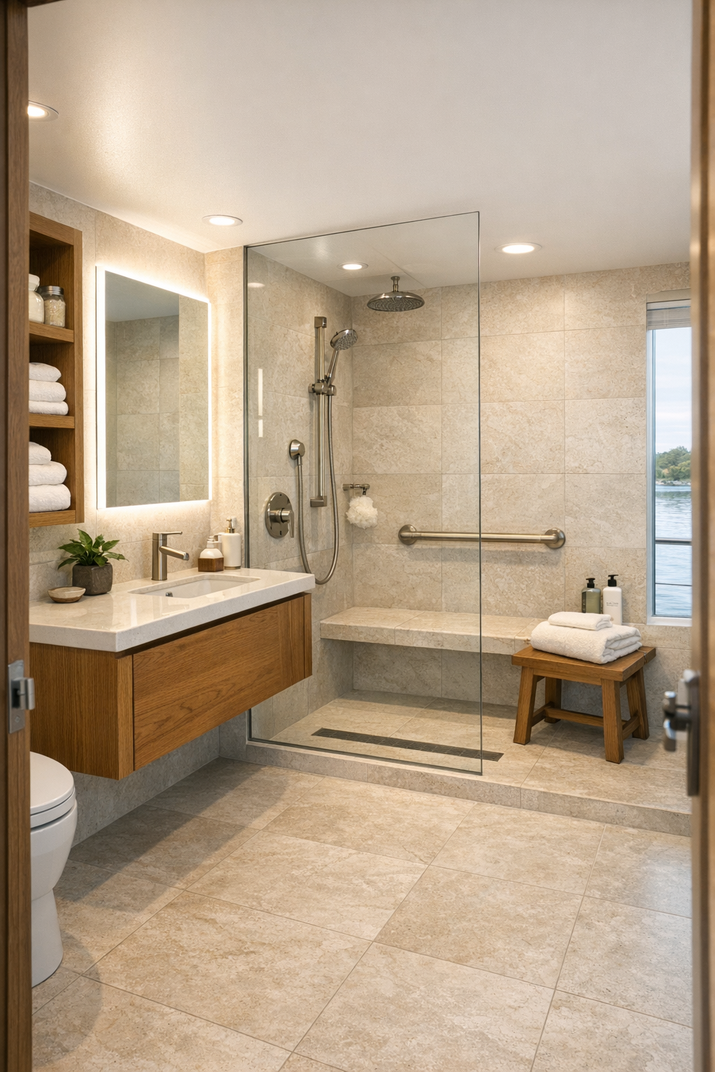 Elegant accessible houseboat bathroom with a curbless shower and warm oak vanity