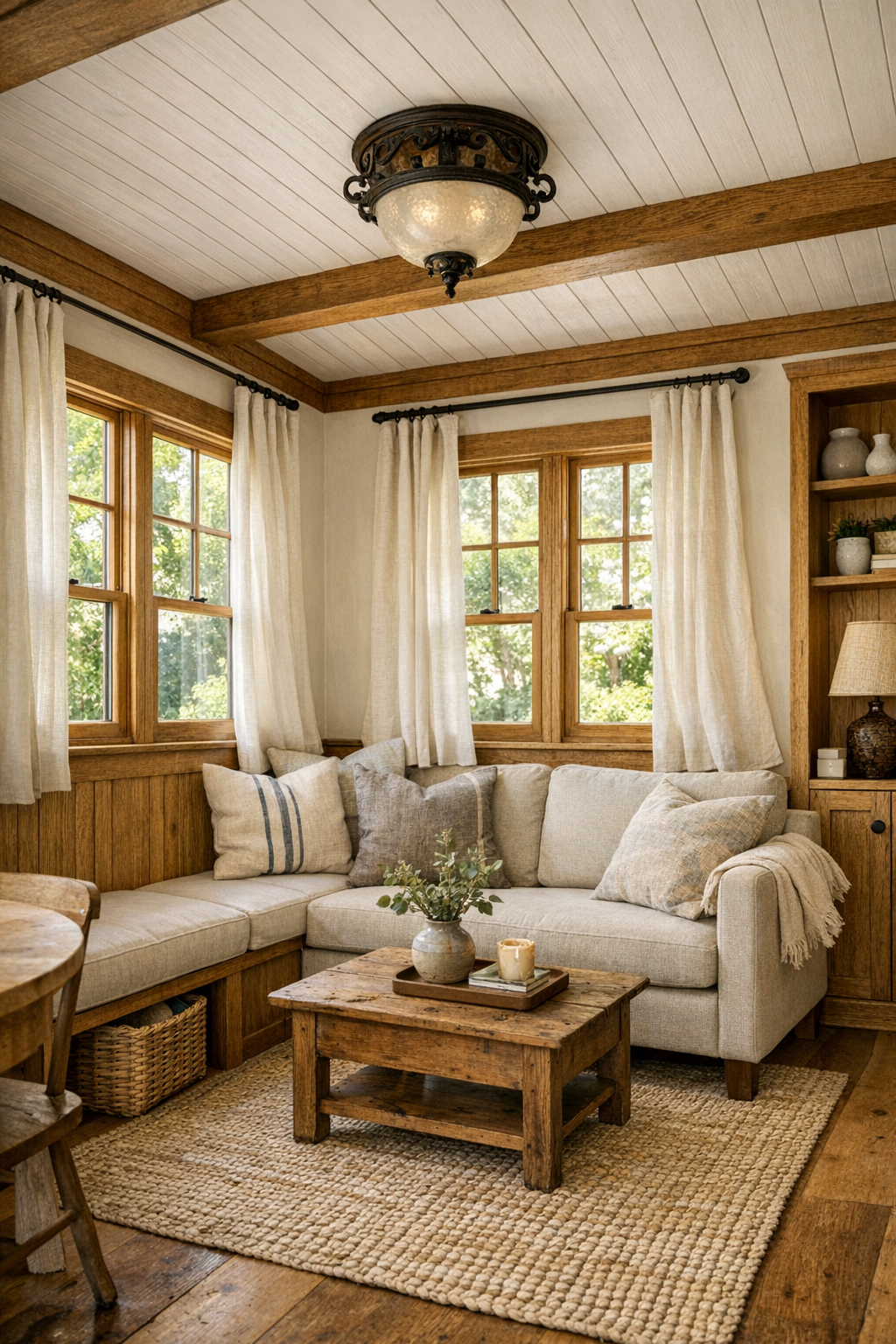 Handcrafted tiny home living room with built-in seating and warm oak details
