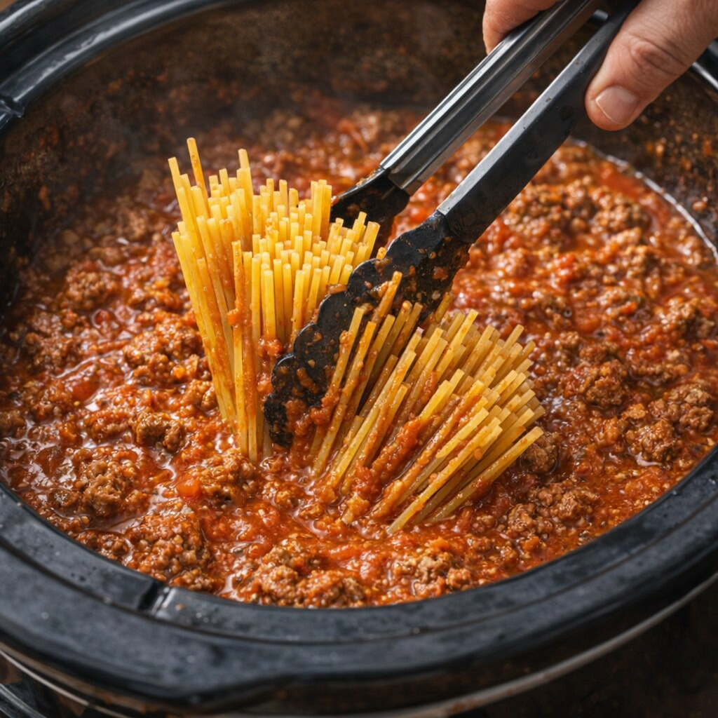 Dry spaghetti being added into saucy slow cooker meat sauce