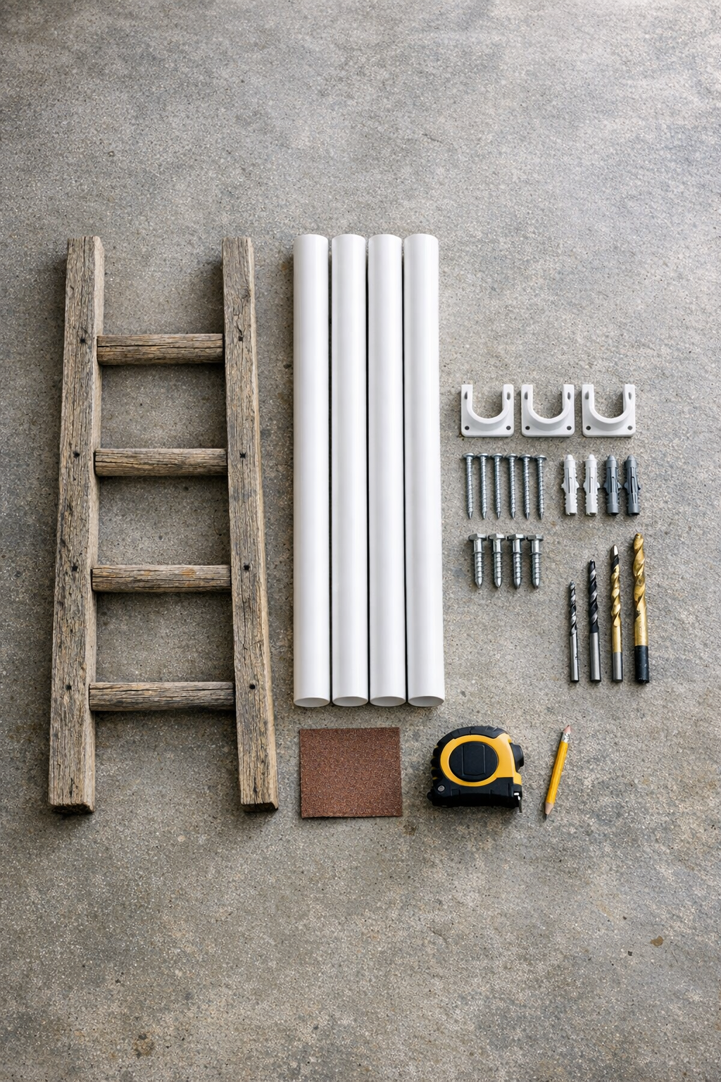 Materials laid out for a wooden ladder and PVC pool float organizer