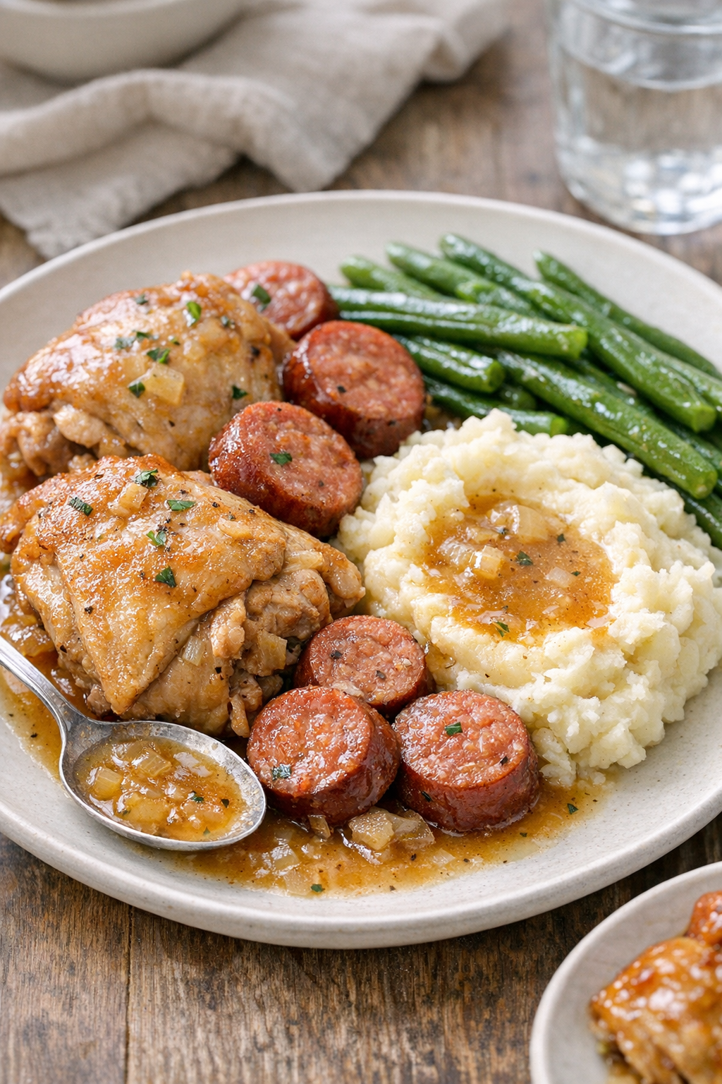 Plated Amish chicken and sausage served with mashed potatoes