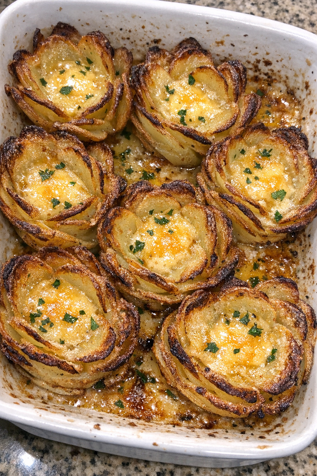 Golden potato blossoms with melted smoked gouda in a baking dish