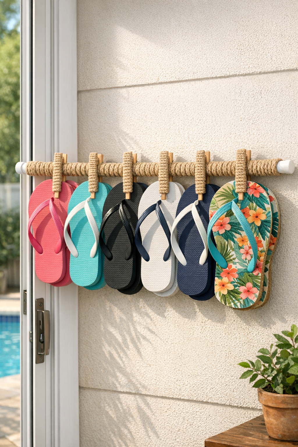 Finished crocheted flip flop rack hanging by a pool door