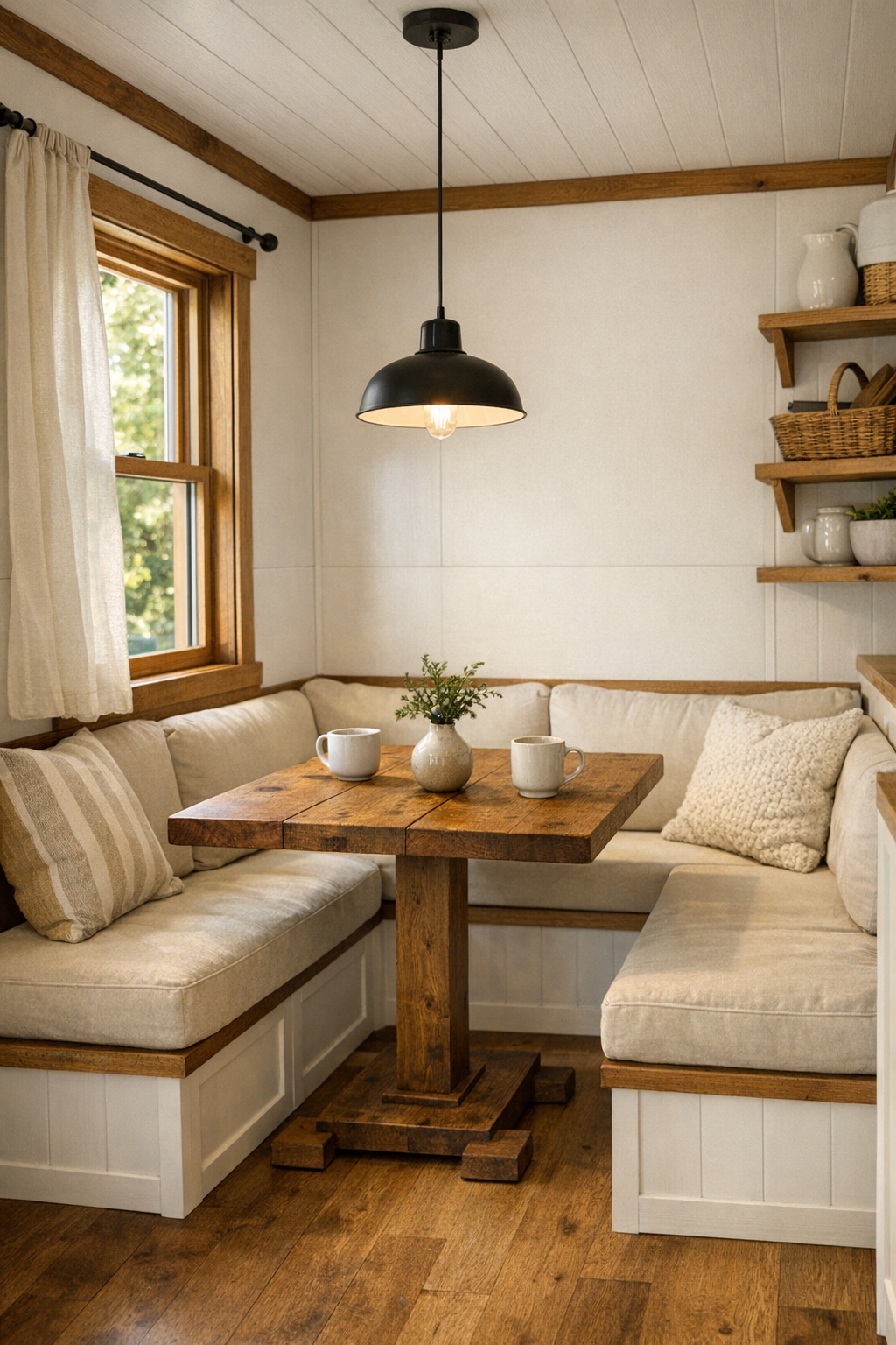 Tiny home dining area with a small wood table, built-in bench seating, and soft natural light