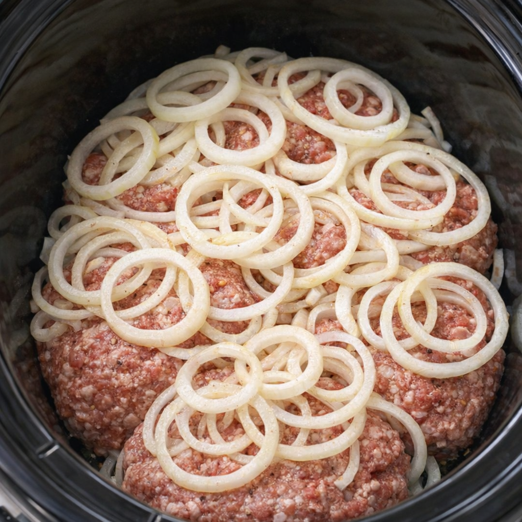 Raw burger patties topped with sliced onions in slow cooker
