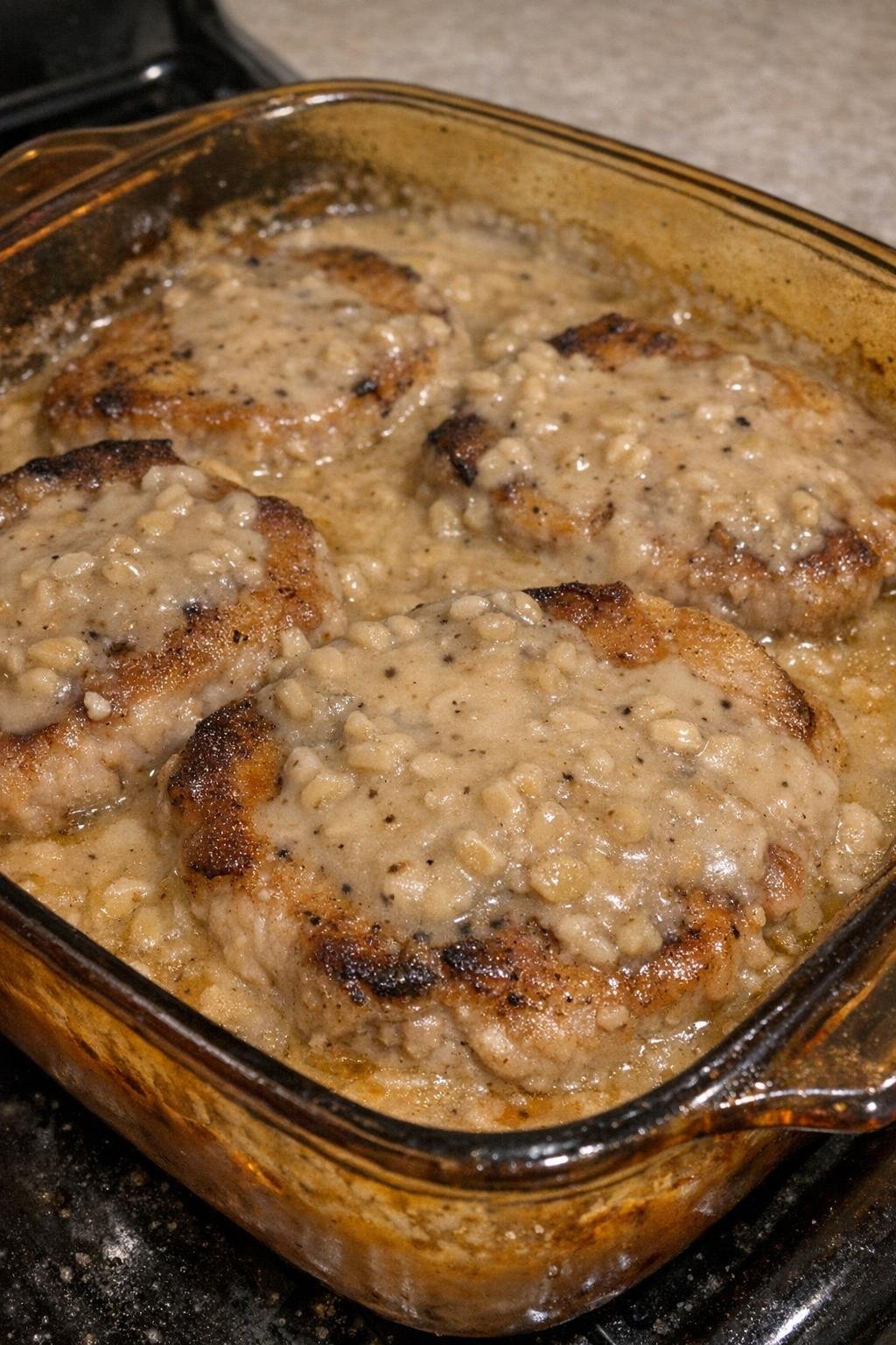 Golden browned pork chops in creamy barley gravy