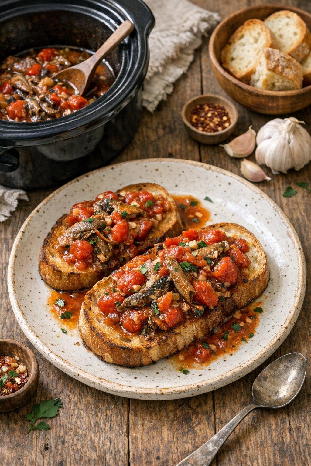 Finished slow cooker anchovies served over toasted bread