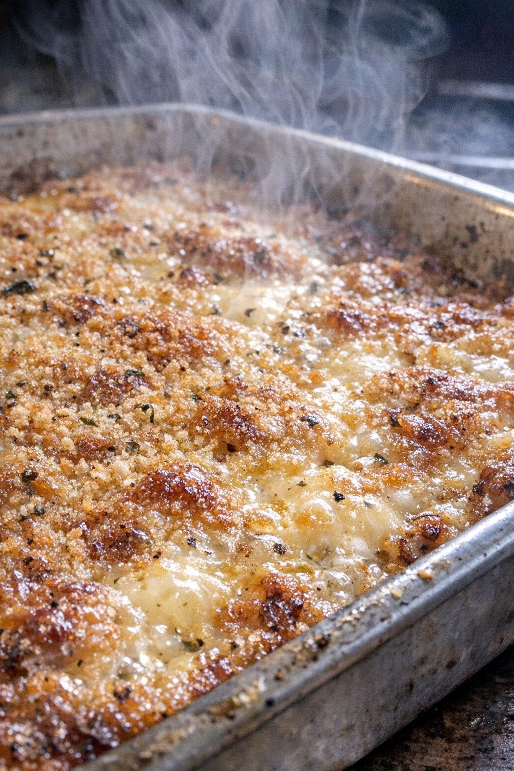 Bubbling baked casserole in a metal baking sheet