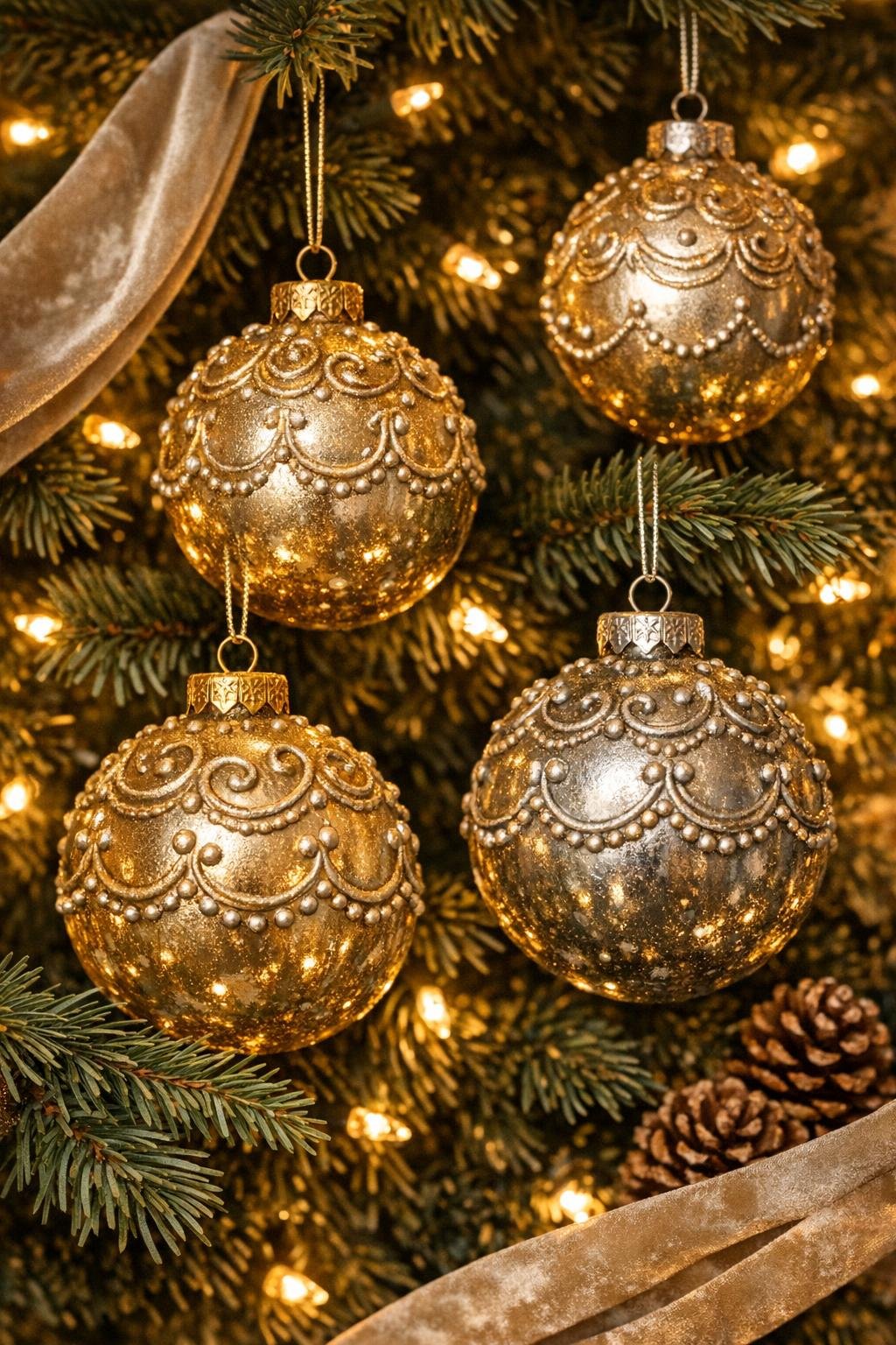 Finished vintage embossed glass ornaments displayed on a decorated Christmas tree