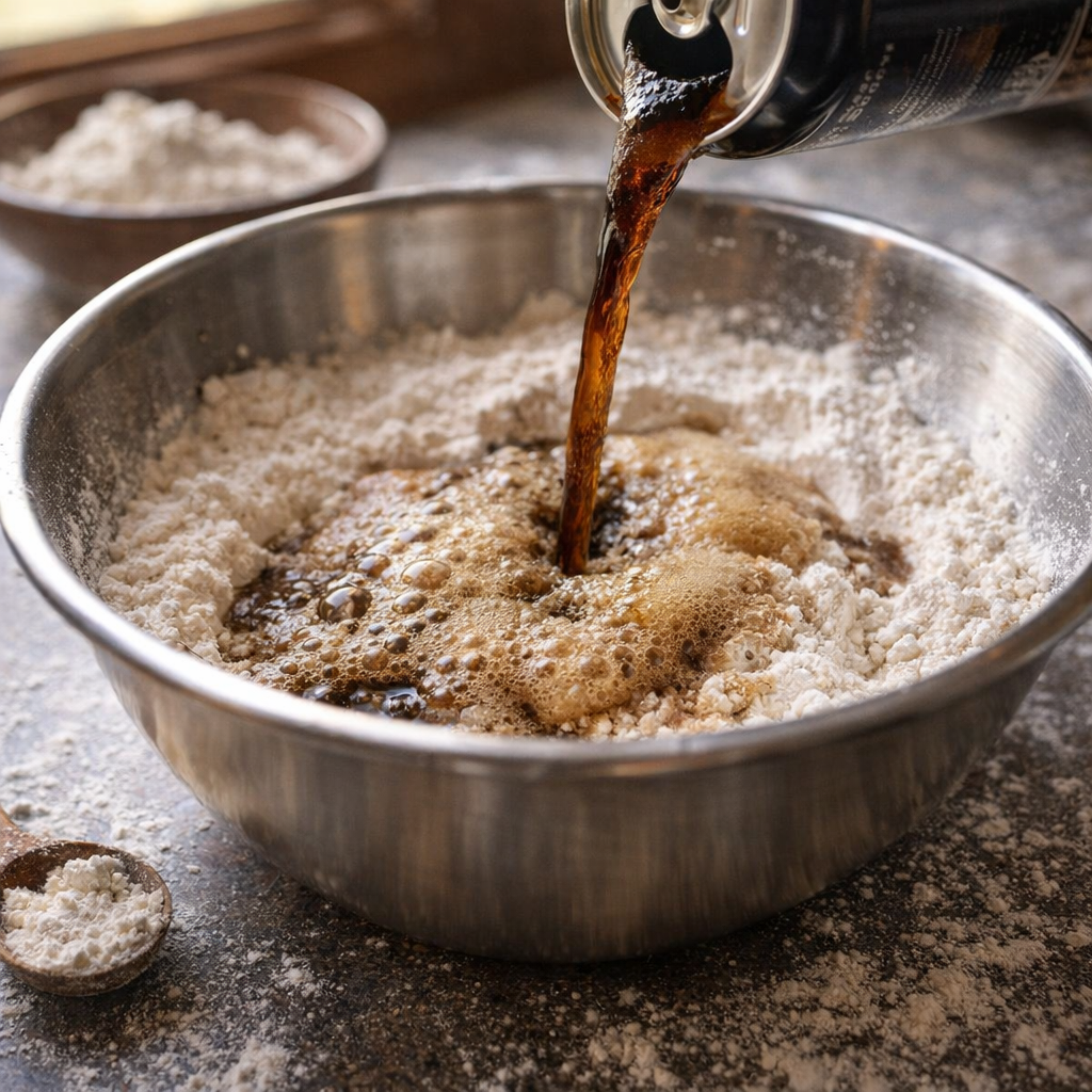 Foamy stout being poured into flour for bread dough