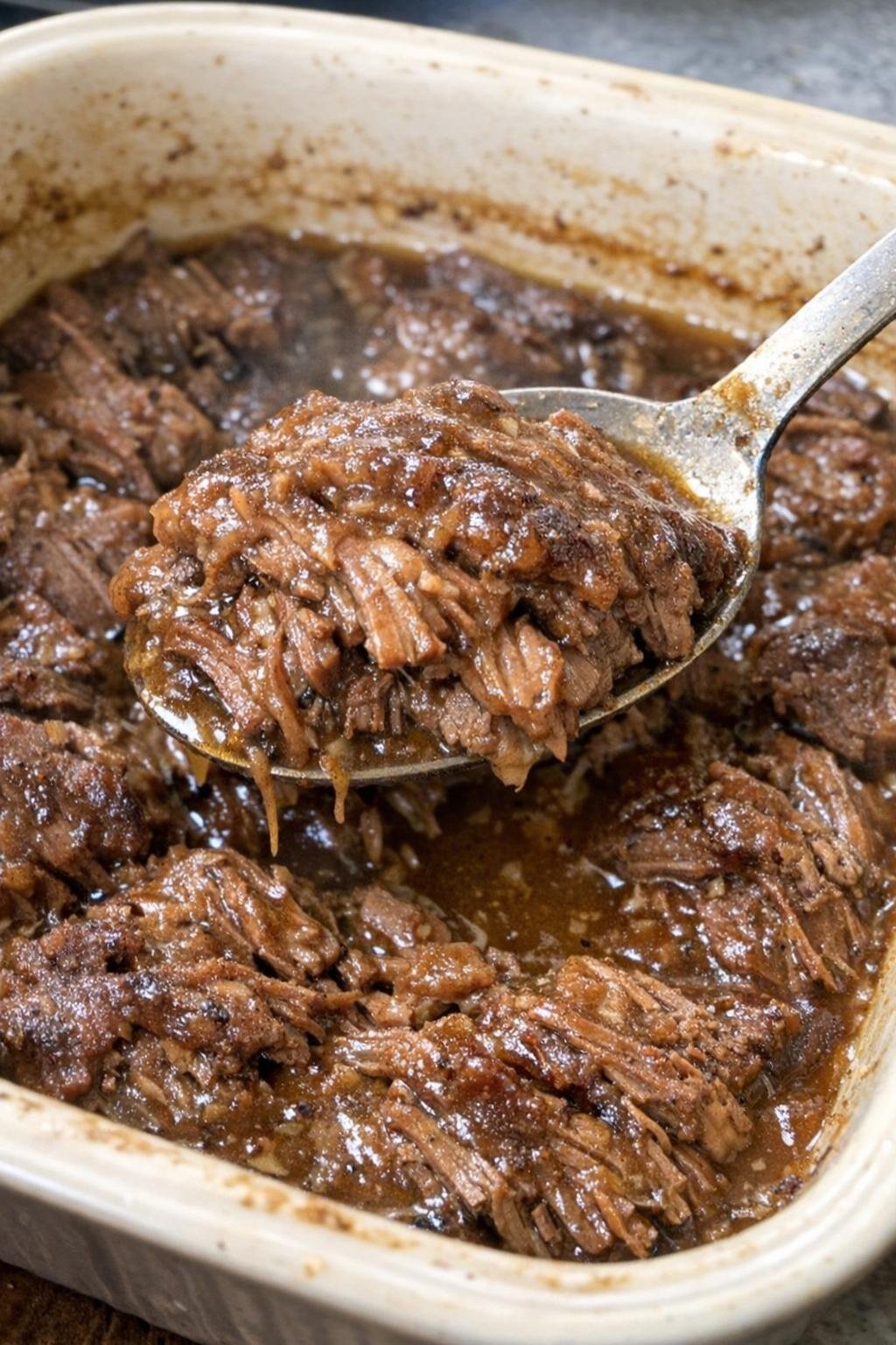 Tender pull-apart beef in rich brown gravy in a ceramic baking dish