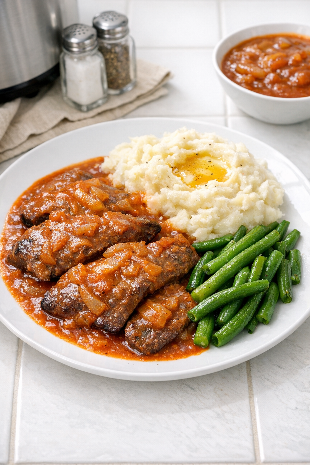Finished plate of slow cooker tomato-smothered beef liver with onion gravy
