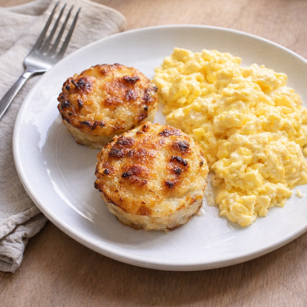 Reheated potato au gratin cups beside brunch eggs