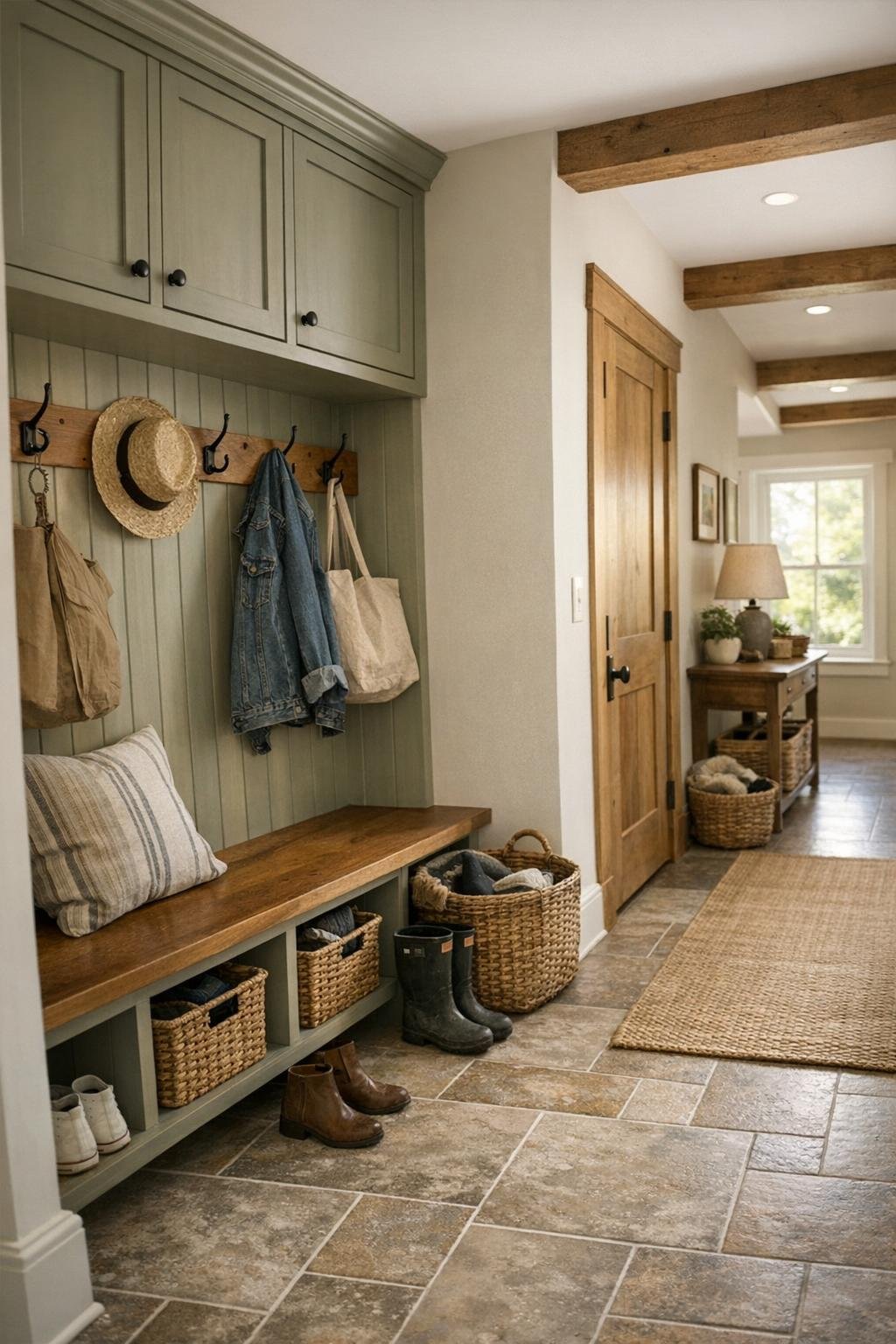 Farmhouse mudroom and hallway with built-in bench, painted millwork, and durable tile flooring
