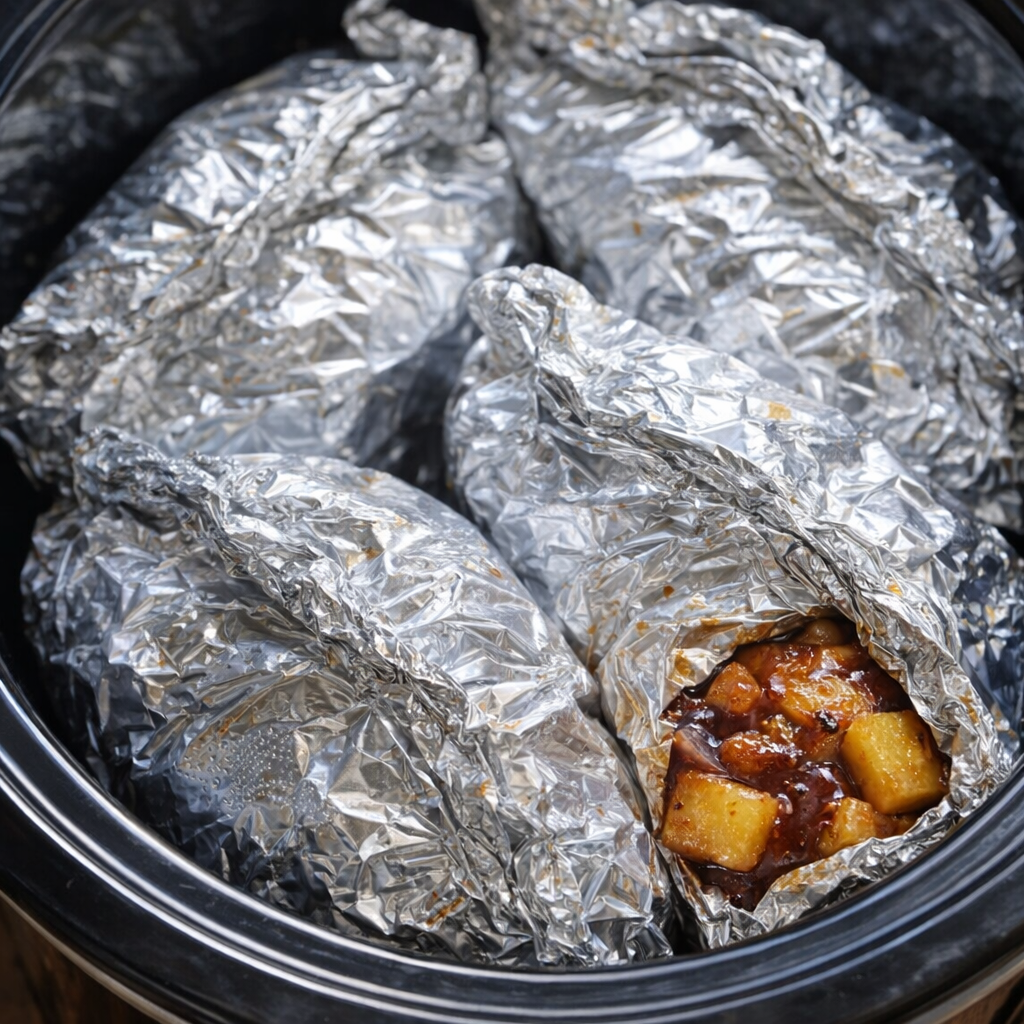 Pineapple-topped chicken packets sealed in foil inside the slow cooker