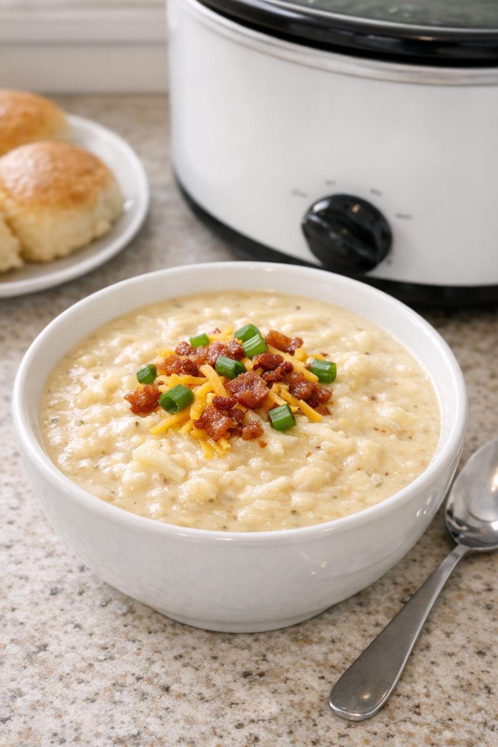 Creamy hash brown potato soup in a bowl