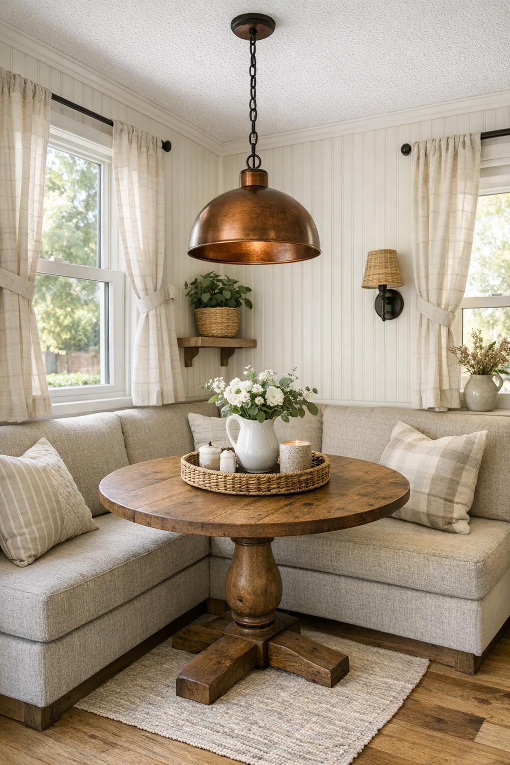 Compact dining nook with banquette seating, round table, and copper pendant lighting