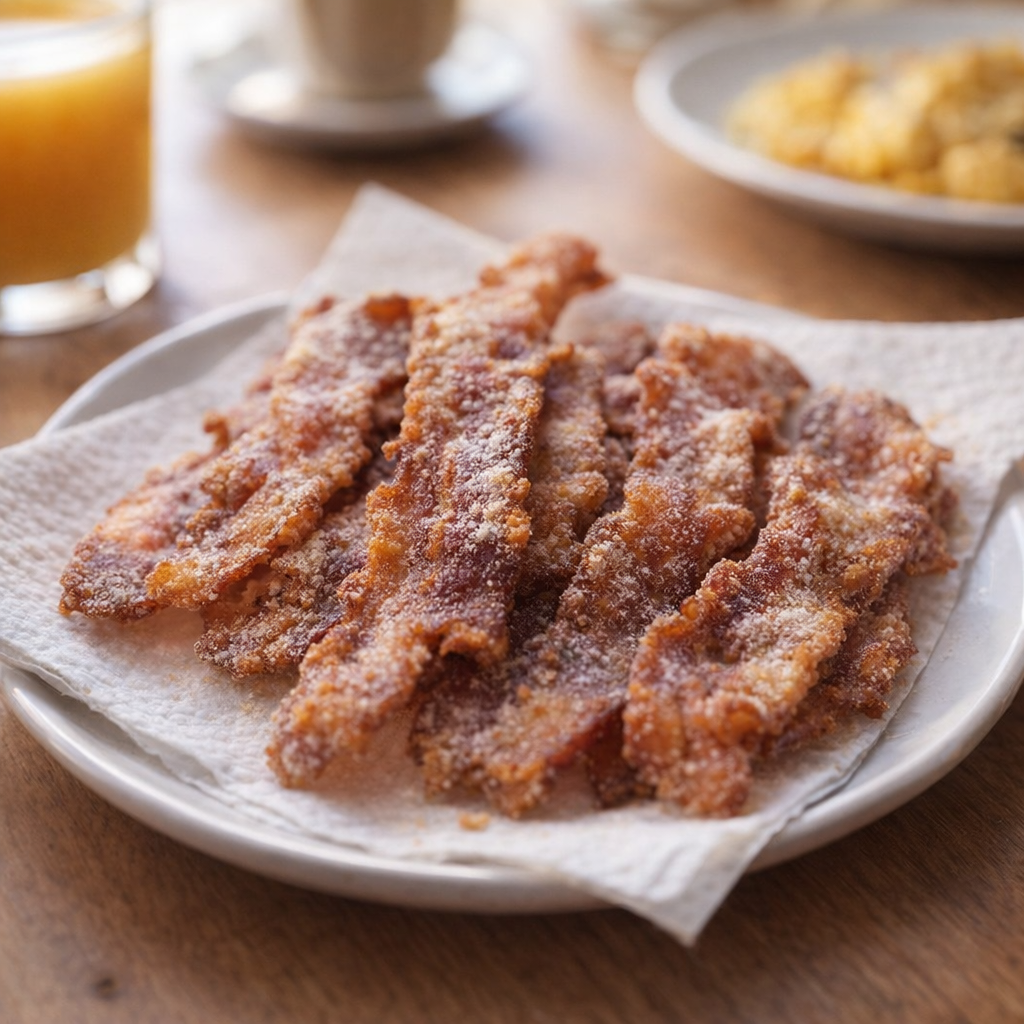 Cooked floured bacon plated for tasting