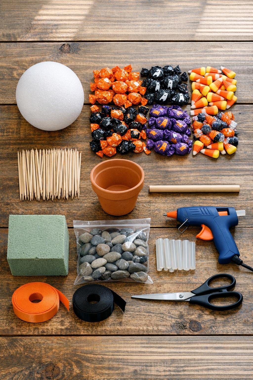 Materials for a Halloween candy topiary laid out on a table