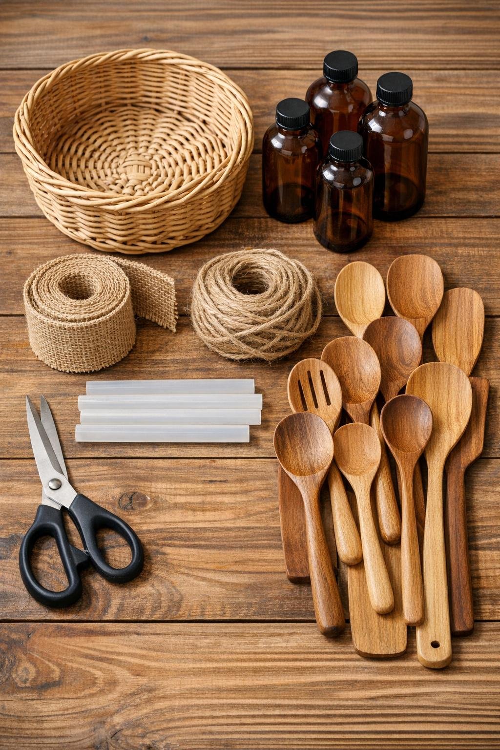 Materials for a basket utensil divider laid out on a table