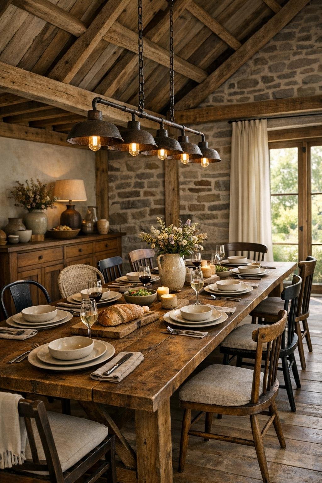 Rustic dining room with a long wooden table, mixed chairs, and warm overhead lighting