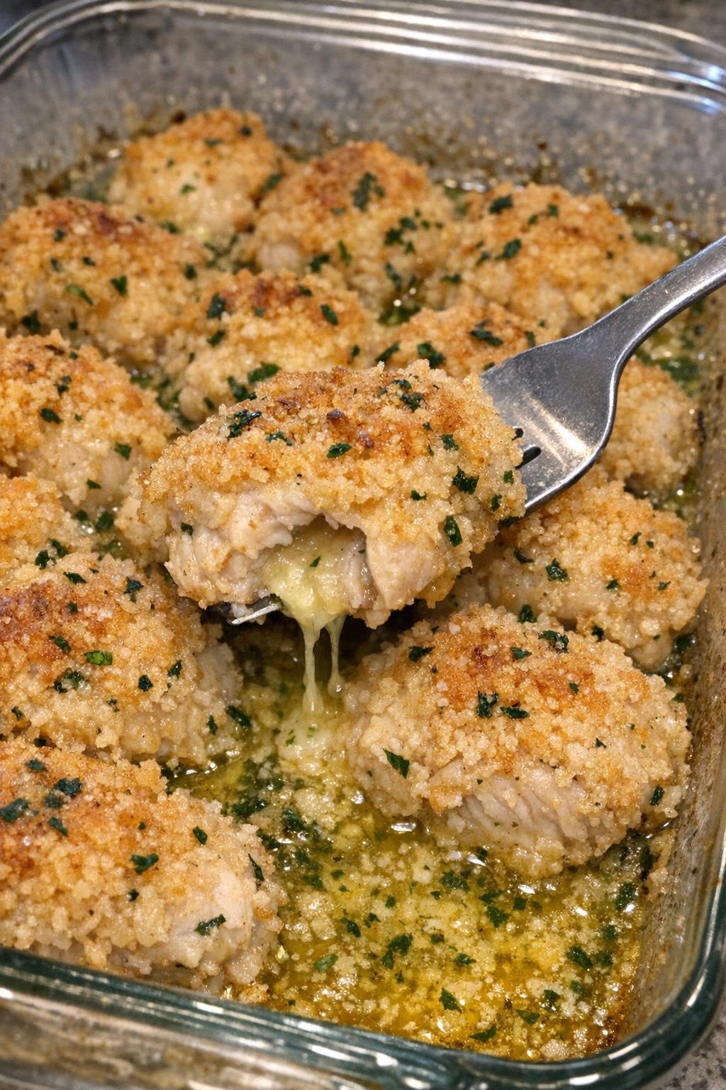 Golden breaded chicken pieces in a glass baking dish with melted herb butter