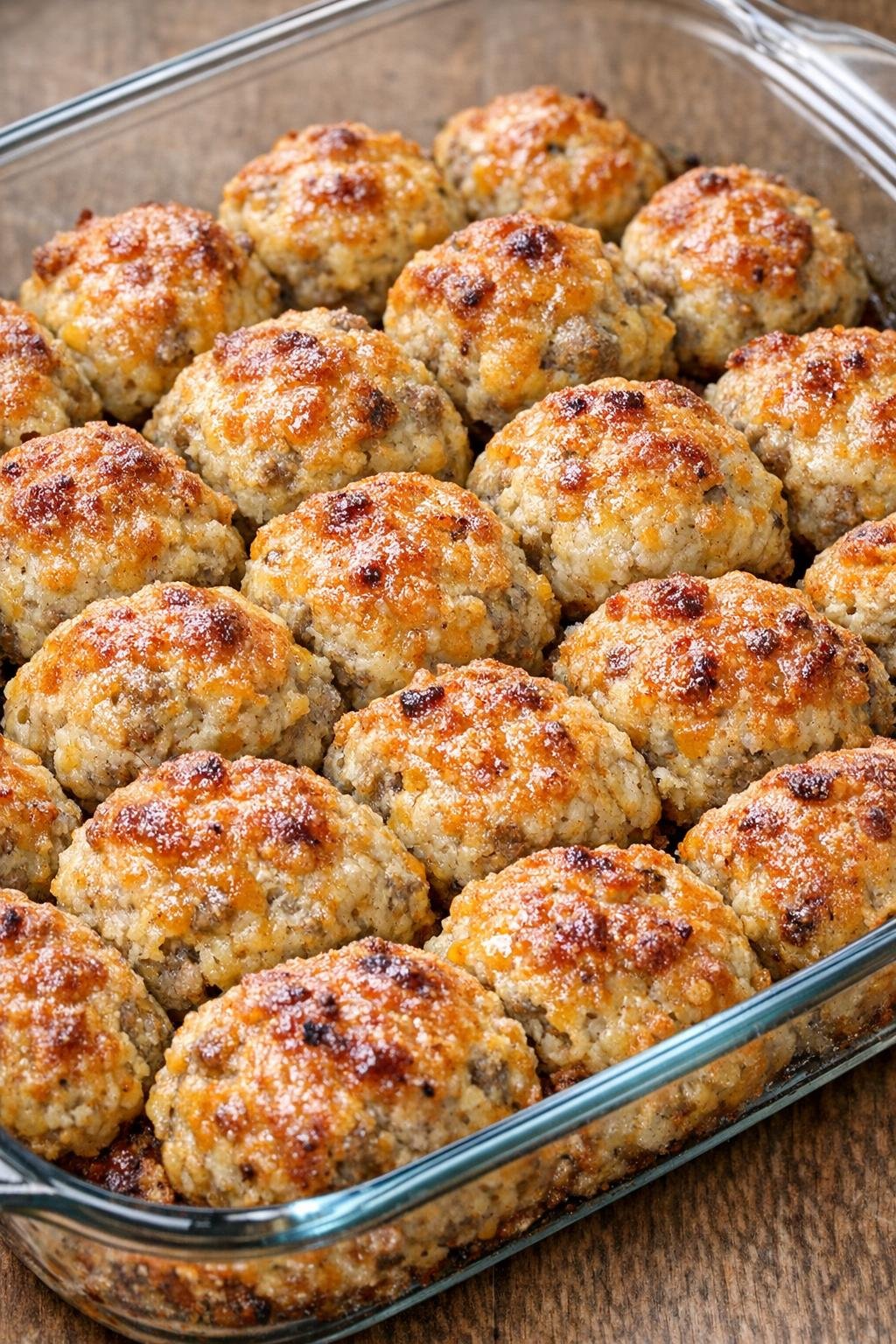 Southern 3-ingredient sausage biscuit bites in a glass casserole dish