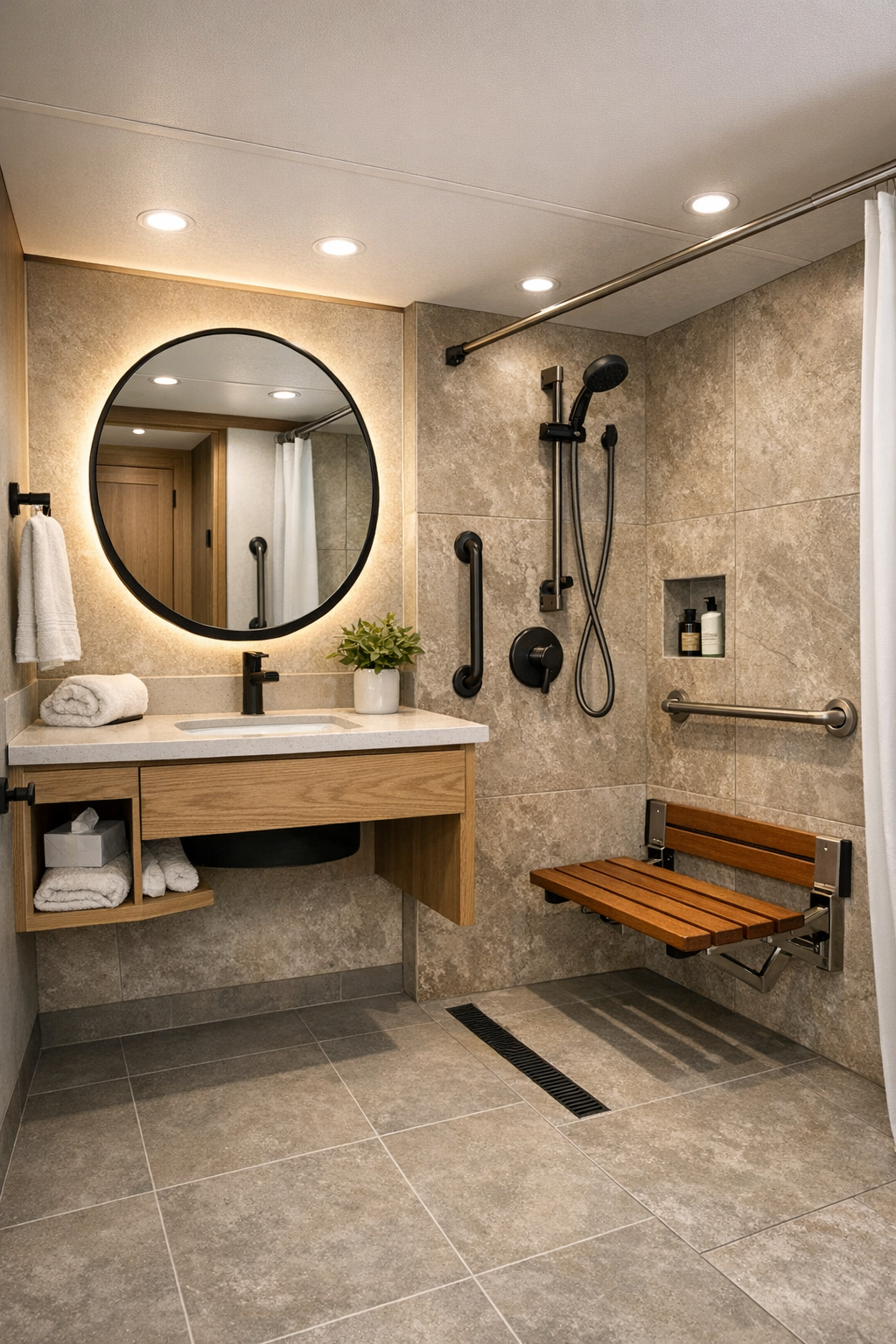 Accessible RV bathroom with curbless shower and floating oak vanity