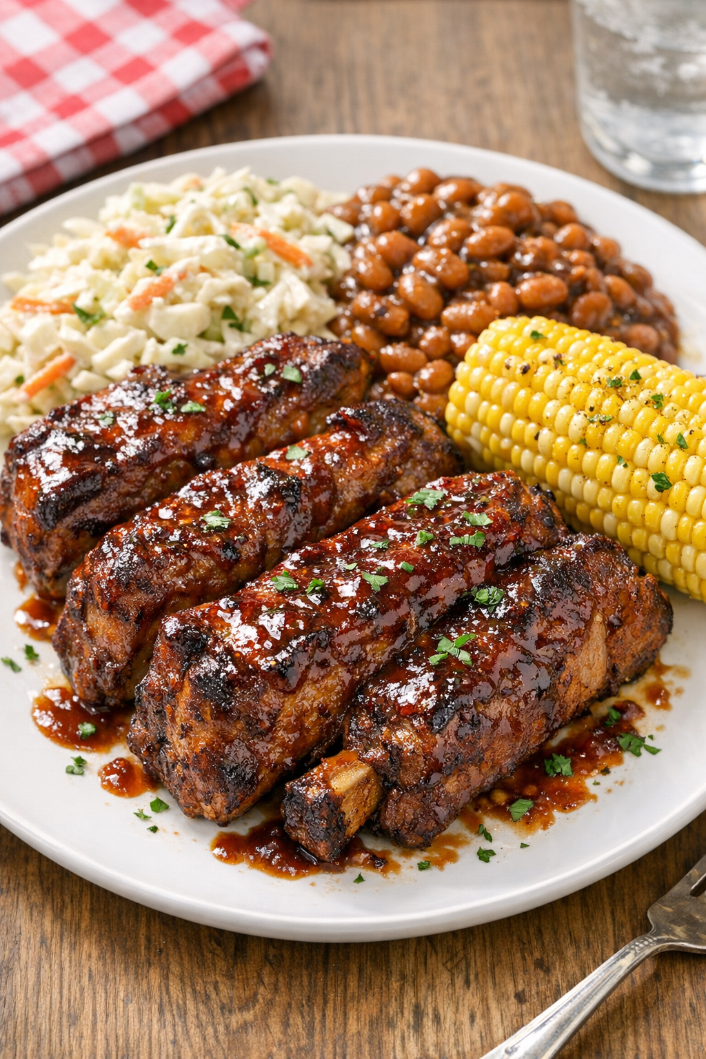 Finished slow cooker country-style ribs plated with cookout sides