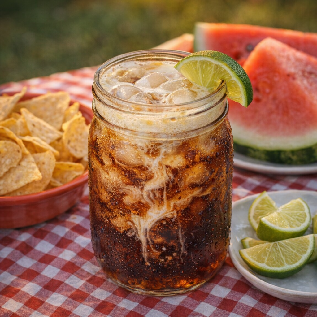 Dirty cola served with lime wedges and summer cookout snacks