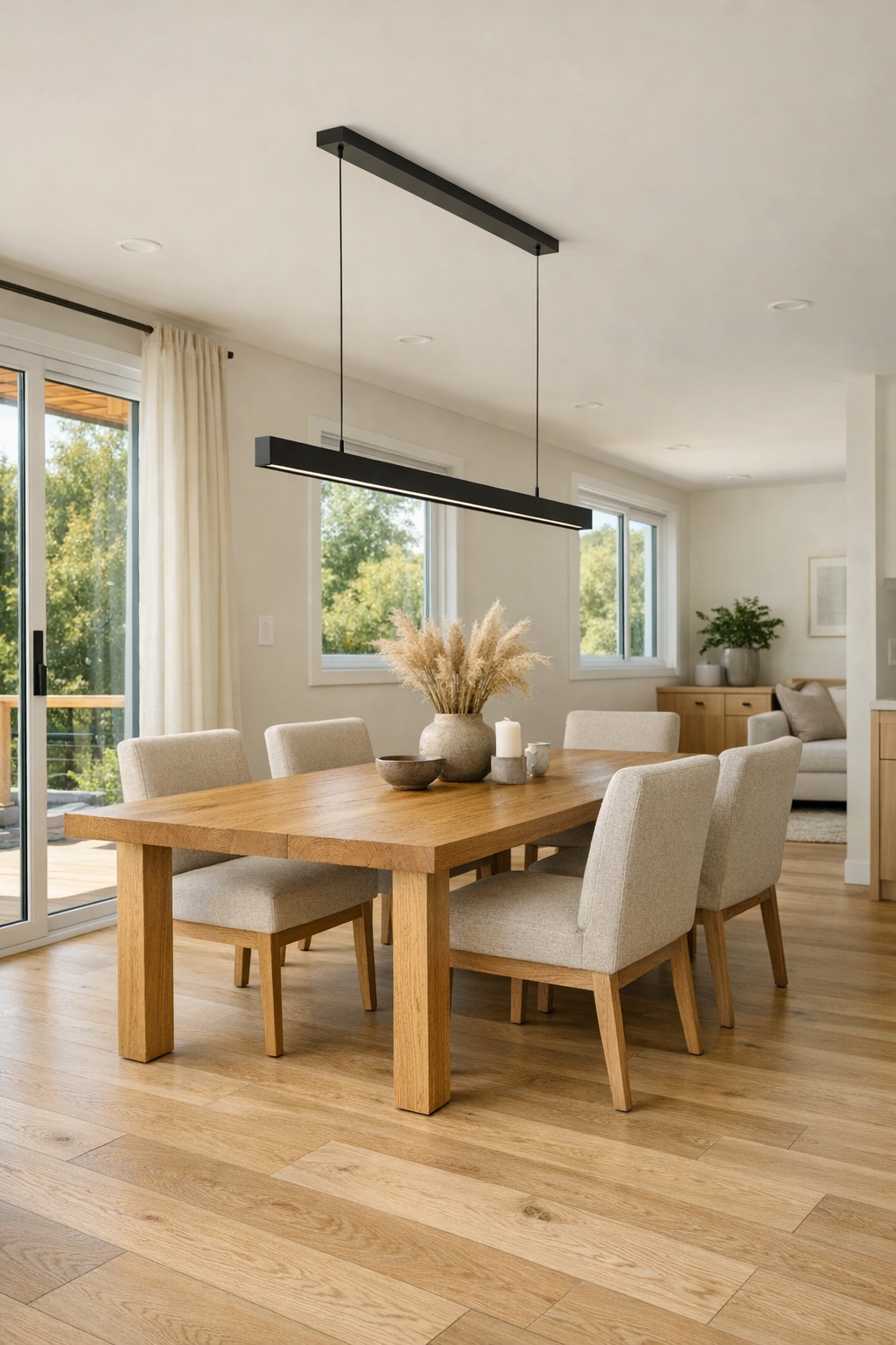 Bright dining room with oak table, upholstered chairs, and simple modern lighting