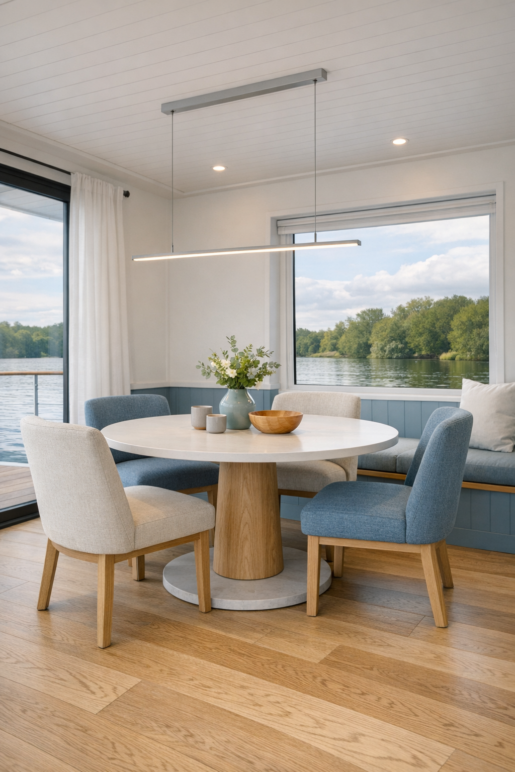 Light-filled houseboat dining area with pedestal table, soft blue accents, and wide circulation