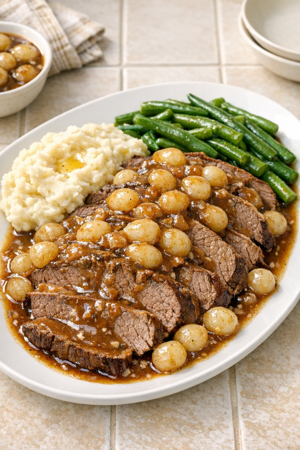 Finished Amish pearl onion beef plated with gravy and onions