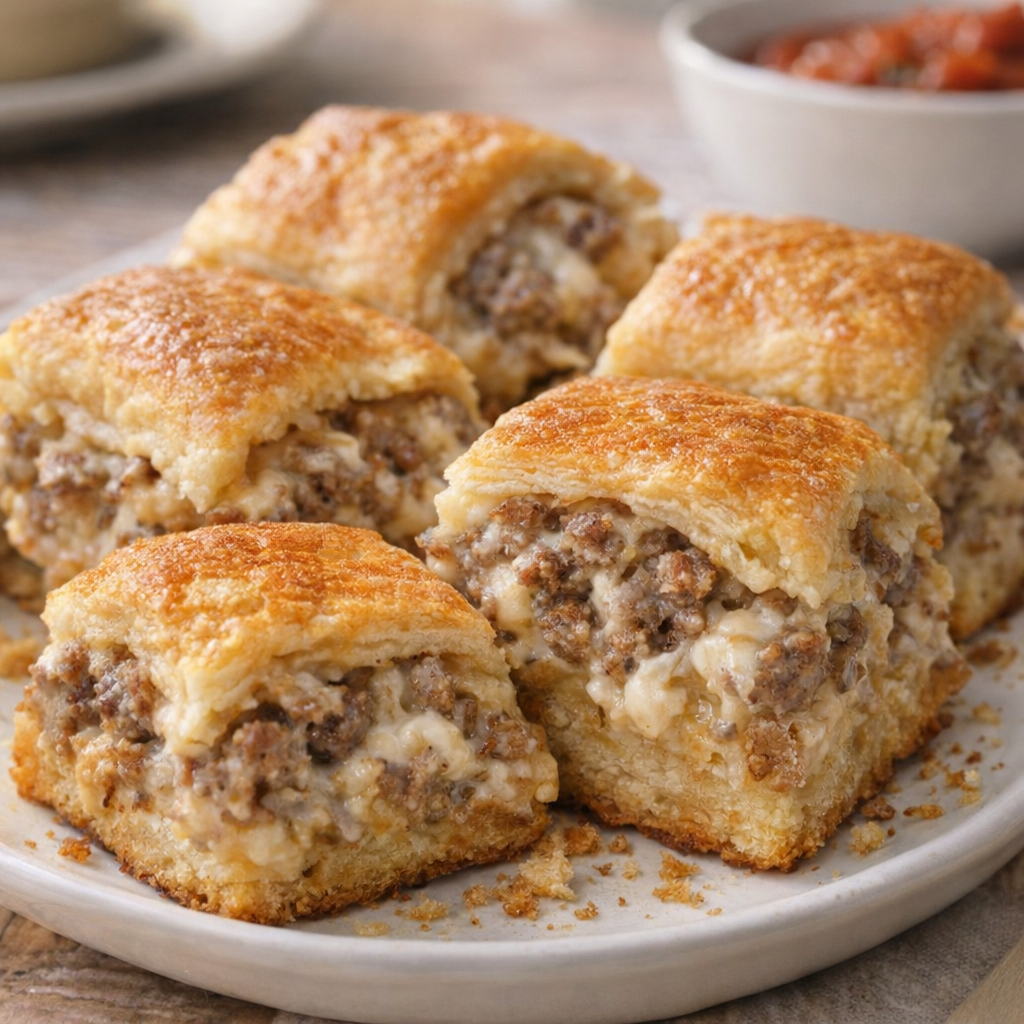 Cut squares of sausage cream cheese crescents served warm